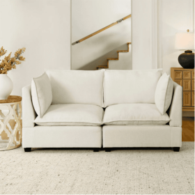 Modern Chenille Comfy Upholstered 2-Seat Sofa With 2 Lumbar Pillow, Deep Seat Sofa Sleeper For Living Room, Apartment, Office, Studio Beige White, 2-S