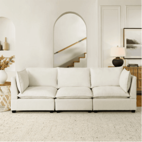 Modern Chenille Comfy Upholstered 3-Seat Sofa With 2 Lumbar Pillow, Deep Seat Sofa Sleeper For Living Room, Apartment, Office, Studio  Beige White, 3-