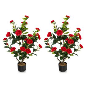 2 PCS 38 Inch Artificial Camellia Tree Faux Flower Plant in Cement