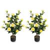 2 PCS 38 Inch Artificial Camellia Tree Faux Flower Plant in Cement Yellow