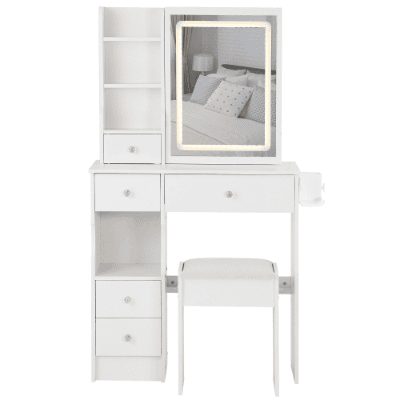 29.2 Small Size Left Drawer Desktop Vanity Table  Cushioned Stool, 2 AC2 USB Power Station, Hair Dryer Bracket, Extra Large Touch Control Sliding LED