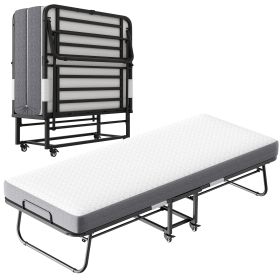 Folding Bed With Mattress  Foam Mattress All Steel Pipe Frame (Color: black)