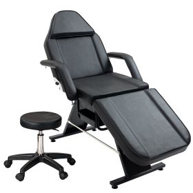 Massage Salon Tattoo Chair With Two Trays Esthetician Bed With Hydraulic Stool,Multi-Purpose 3-Section Facial Bed Table, Adjustable Beauty Barber Spa (Color: black)