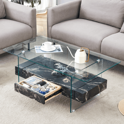 43.3 Inch Modern Two-Tier Coffee Table - Clear Tempered Glass And Black Marble Texture, Multifunctional Storage Design.The Bottom Tier Includes A Draw