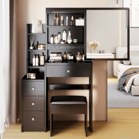 29.2 Small Space Left Bedside Cabinet Vanity Table  Cushioned Stool, Extra Large Right Sliding Mirror, Multi Layer High Capacity Storage, Practical Fa (Color: black)