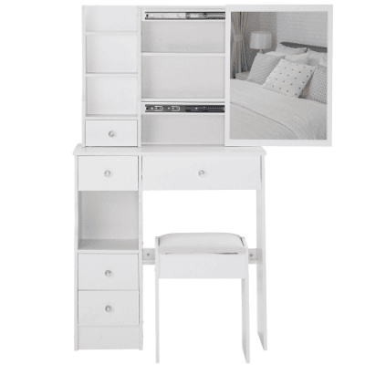 29.2 Small Space Left Drawer Desktop Vanity Table  Cushioned Stool, Extra Large Right Sliding Mirror, Multi Layer High Capacity Storage, Practical Fas