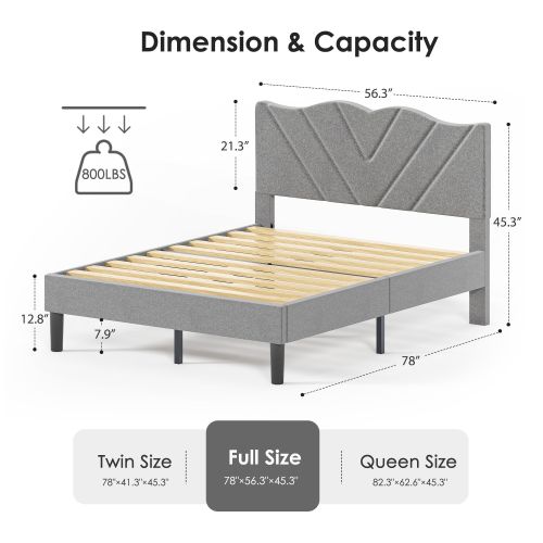 Modern Platform Bed Frame With Upholstered Headboard & Wooden Slats - No Box Spring Needed, Easy Assembly, Grey