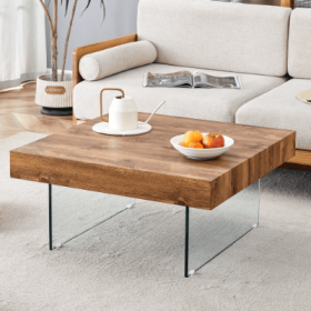 Natural Style Square MDF Coffee Table - 31.5x31.5 With Tempered Glass Legs.Density Board Sticker,Reinforced Glass (Option: Natural Wood)