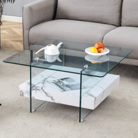 31.4 Inch Modern Two Tier Square Coffee Table - An Elegant Combination Of Clear Glass And Black Marble Pattern Sticker.It Can Be Used As A Coffee Tabl (Color: White)